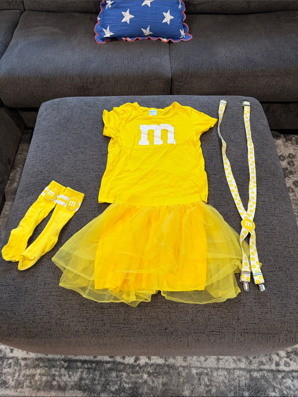 Yellow M&M-Inspired Girls Costume Set - T-Shirt, Tutu, Stockings & Suspenders